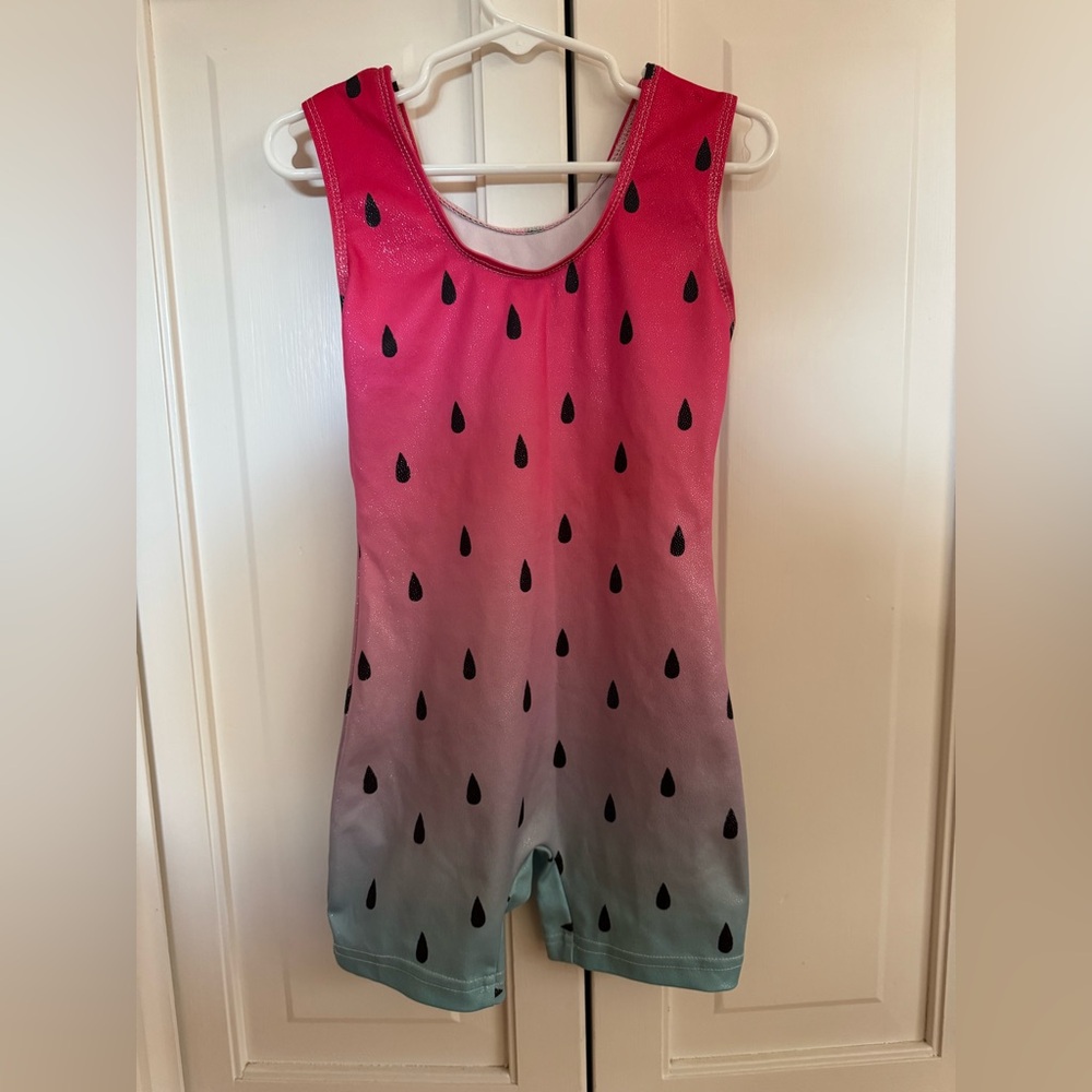 Watermelon Gradient Leotard Gymnastics Romper with Seed Print